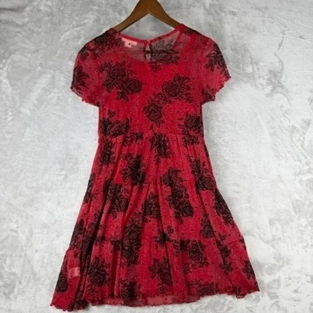 Girls Red Black Rose Print‎ Mesh Tiered Dress Fuzzy Jacket Set 16